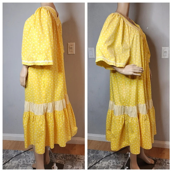 Vintage Two Potato Yellow Polka Dot Midi  Dress Mumu Wide Sleeve Pockets XL - Picture 9 of 16